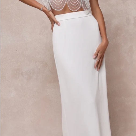 Everlasting Poise White Sheer Pearl Beaded Two-Piece Maxi Dress - Picture 2 of 6